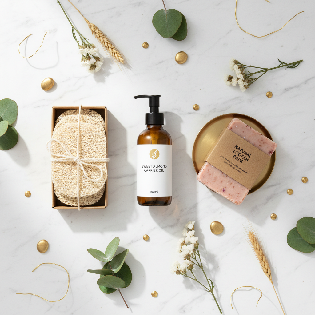 Full Eco Pamper Set — Sweet Almond Oil, Loofah Pads & Rose Clay Soap